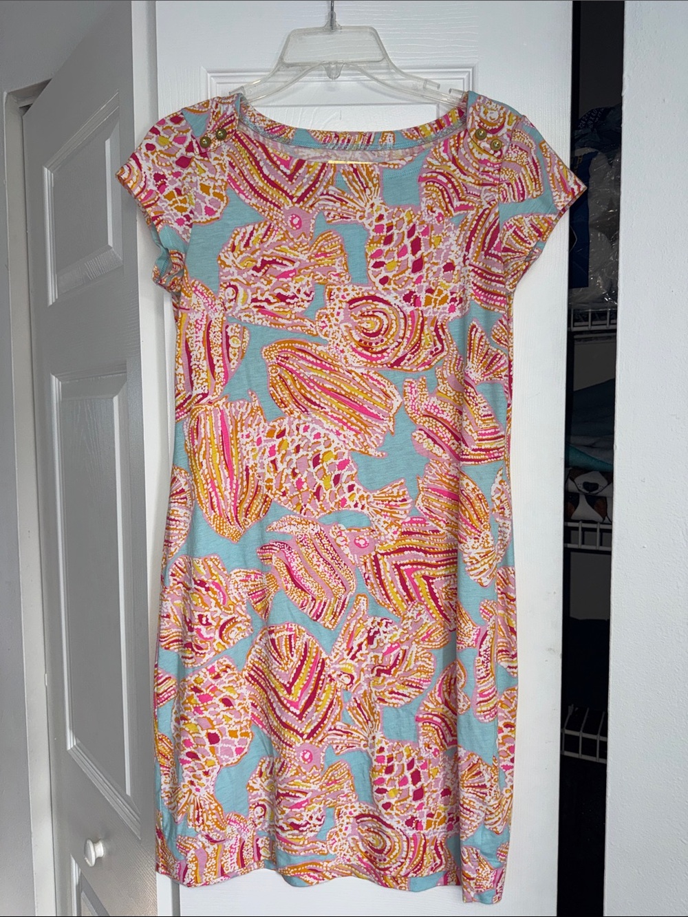Lilly Pulitzer Light Blue Pink Yellow Shell-Print Midi Dress